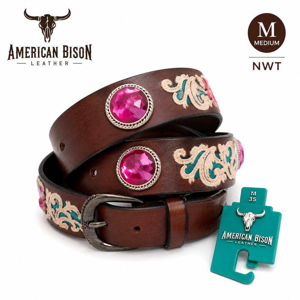 American Bison Leather Belt Medium 35 Brown Pink Rhinestone Western NWT